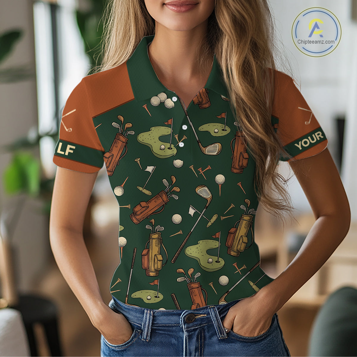Vintage 1990s Golf Pattern Womens Golf Polo Shirt, Golf Attire For Ladies, Golfer Gifts|Brown NBT615