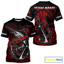 Load image into Gallery viewer, Front and back view of Custom Marlin Fishing Ocean Camo Shirt Marlin Saltwater Fishing Jersey, lightweight UPF 30+ fishing shirt with marlin and ocean camo design