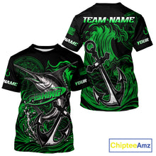 Load image into Gallery viewer, Front and back view of Custom Marlin Fishing Ocean Camo Shirt Marlin Saltwater Fishing Jersey, lightweight UPF 30+ fishing shirt with marlin and ocean camo design