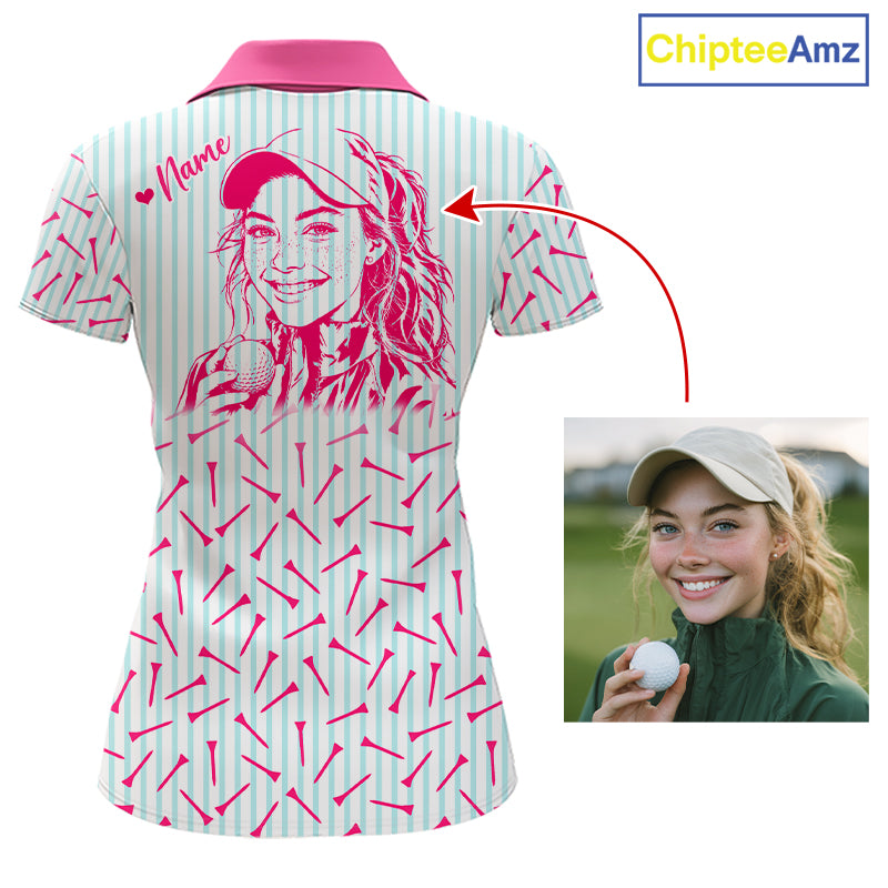 back view of personalized golf polo shirt for mom with custom face & name