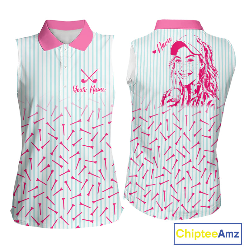 front and back view of personalized sleeveless golf polo shirt for mom with custom face & name