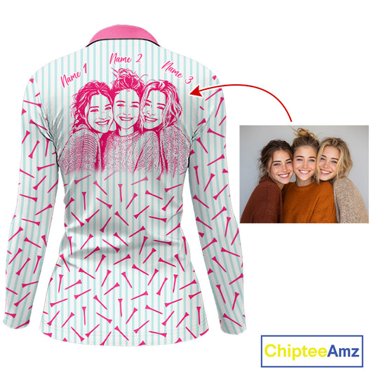back view of custom photo golf polo shirt, matching besties shirts