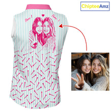 Load image into Gallery viewer, back view of personalized best friend sleeveless golf polo shirt with custom photo &amp; name