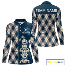 Load image into Gallery viewer, Funny Golf Ball Womens Golf Polo Shirts Custom Blue Argyle Pattern Golf Attire For Ladies, Golfer Gifts NBT627