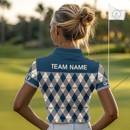 Funny Golf Ball Womens Golf Polo Shirts Custom Blue Argyle Pattern Golf Attire For Ladies, Golfer Gifts NBT627