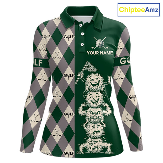 Funny Golf Ball Womens Golf Polo Shirts Custom Green Argyle Pattern Golf Attire For Ladies, Golfer Gifts NBT628