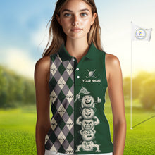 Load image into Gallery viewer, Funny Golf Ball Womens Sleeveless Golf Polo Shirts Custom Green Argyle Pattern Golf Attire For Ladies, Golfer Gifts NBT628
