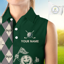 Load image into Gallery viewer, Funny Golf Ball Womens Sleeveless Golf Polo Shirts Custom Green Argyle Pattern Golf Attire For Ladies, Golfer Gifts NBT628