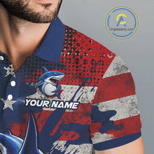 Load image into Gallery viewer, Close-up breathable polyester fabric texture on funny mens long sleeve polo golf shirt American Flag custom shark