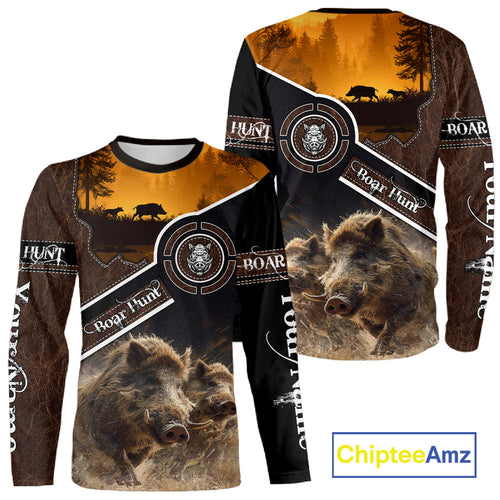Wild Boar Hunting Leather Pattern Custom Name 3D All Over Printed Shirts Personalized Boar Shirt NBT143