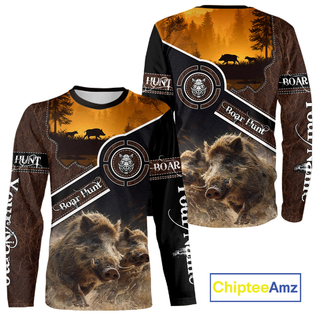 Wild Boar Hunting Leather Pattern Custom Name 3D All Over Printed Shirts Personalized Boar Shirt NBT143