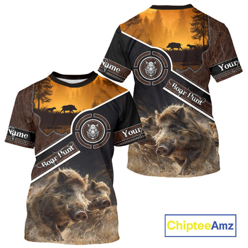 Wild Boar Hunting Leather Pattern Custom Name 3D All Over Printed Shirts Personalized Boar Shirt NBT143