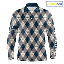 Load image into Gallery viewer, Blue Argyle Plaid Pattern Mens Golf Polo Shirts Custom Golf Attire For Men, Team Golf Shirt NBT636