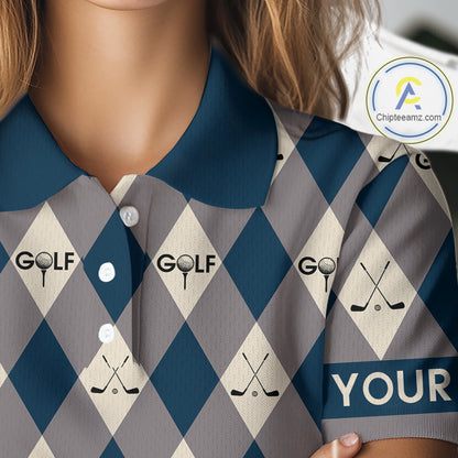 Blue Argyle Plaid Pattern Womens Golf Polo Shirts Custom Golf Attire For Ladies, Team Golf Shirt NBT636