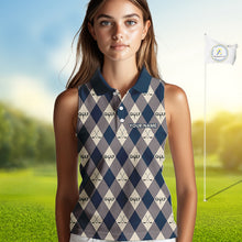 Load image into Gallery viewer, Blue Argyle Plaid Pattern Womens Sleeveless Golf Polo Shirts Custom Golf Attire For Ladies, Team Golf Shirt NBT636