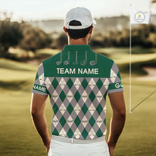 Load image into Gallery viewer, Green Argyle Plaid Pattern Mens Golf Polo Shirts Custom Golf Attire For Men, Team Golf Shirt NBT637