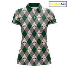 Load image into Gallery viewer, Green Argyle Plaid Pattern Womens Golf Polo Shirts Custom Golf Attire For Ladies, Team Golf Shirt NBT637