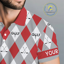 Load image into Gallery viewer, Red Argyle Plaid Pattern Mens Golf Polo Shirts Custom Golf Attire For Men, Team Golf Shirt NBT638