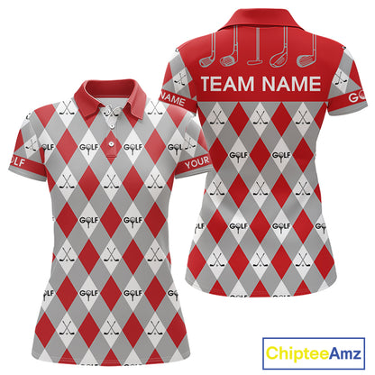 Red Argyle Plaid Pattern Womens Golf Polo Shirts Custom Golf Attire For Ladies, Team Golf Shirt NBT638