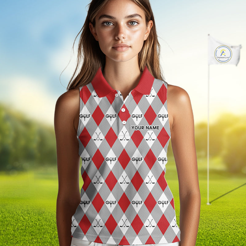 Red Argyle Plaid Pattern Womens Sleeveless Golf Polo Shirts Custom Golf Attire For Ladies, Team Golf Shirt NBT638