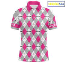 Load image into Gallery viewer, Pink Argyle Plaid Pattern Mens Golf Polo Shirts Custom Golf Attire For Men, Team Golf Shirt NBT639