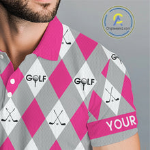 Load image into Gallery viewer, Pink Argyle Plaid Pattern Mens Golf Polo Shirts Custom Golf Attire For Men, Team Golf Shirt NBT639