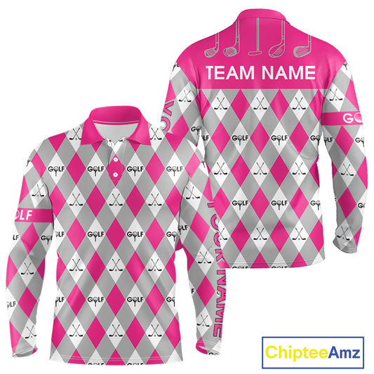 Pink Argyle Plaid Pattern Mens Golf Polo Shirts Custom Golf Attire For Men, Team Golf Shirt NBT639