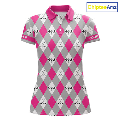 Pink Argyle Plaid Pattern Womens Golf Polo Shirts Custom Golf Attire For Ladies, Team Golf Shirt NBT639