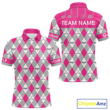 Load image into Gallery viewer, Pink Argyle Plaid Pattern Mens Golf Polo Shirts Custom Golf Attire For Men, Team Golf Shirt NBT639