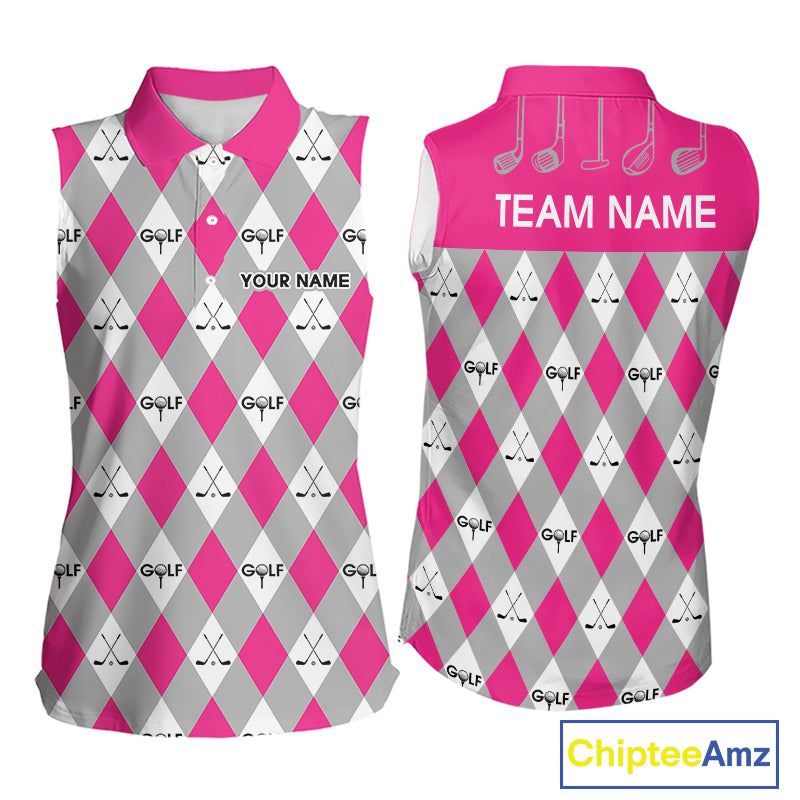 Pink Argyle Plaid Pattern Womens Sleeveless Golf Polo Shirts Custom Golf Attire For Ladies, Team Golf Shirt NBT639