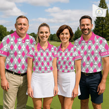 Load image into Gallery viewer, Pink Argyle Plaid Pattern Mens Golf Polo Shirts Custom Golf Attire For Men, Team Golf Shirt NBT639