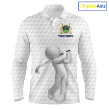Load image into Gallery viewer, Front view Custom Name mens long sleeve golf polo shirt with unique golf ball pattern and personalized name