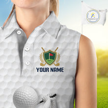 Load image into Gallery viewer, Close-up fabric of Custom Name womens sleeveless golf polo shirt with unique golf ball pattern personalized golf polo for men