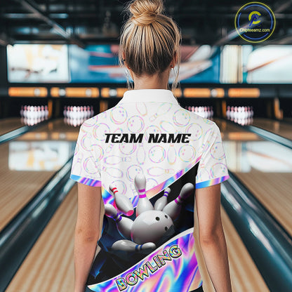 Woman bowler wearing custom neon cosmic bowling team polo shirt on the lanes - back view