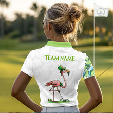 Load image into Gallery viewer, Golfer wearing Funny Flamingo green clover white womens golf polo shirt St Patrick Day on golf course