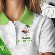 Load image into Gallery viewer, Close-up fabric of Funny Flamingo green clover pattern white womens golf polo shirt St Patrick Day 