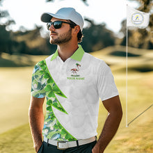 Load image into Gallery viewer, Golfer wearing Funny Flamingo green clover pattern white mens golf polo shirt St Patrick Day apparel on golf course