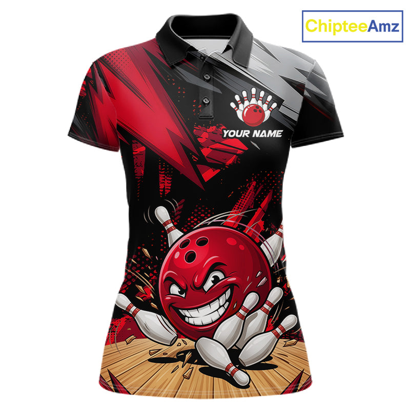 Custom Funny Bowling Ball  Bowling Women Polo & 1/4 Quarter Zip Shirt, Red Bowling Team Shirt NBT929