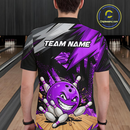Custom Funny Bowling Ball  Bowling Men Polo & 1/4 Quarter Zip Shirt, Purple Bowling Team Shirt NBT930