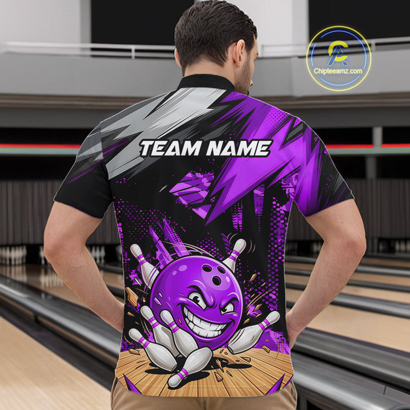 Custom Funny Bowling Ball  Bowling Men Polo & 1/4 Quarter Zip Shirt, Purple Bowling Team Shirt NBT930