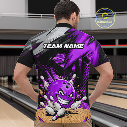 Custom Funny Bowling Ball  Bowling Men Polo & 1/4 Quarter Zip Shirt, Purple Bowling Team Shirt NBT930