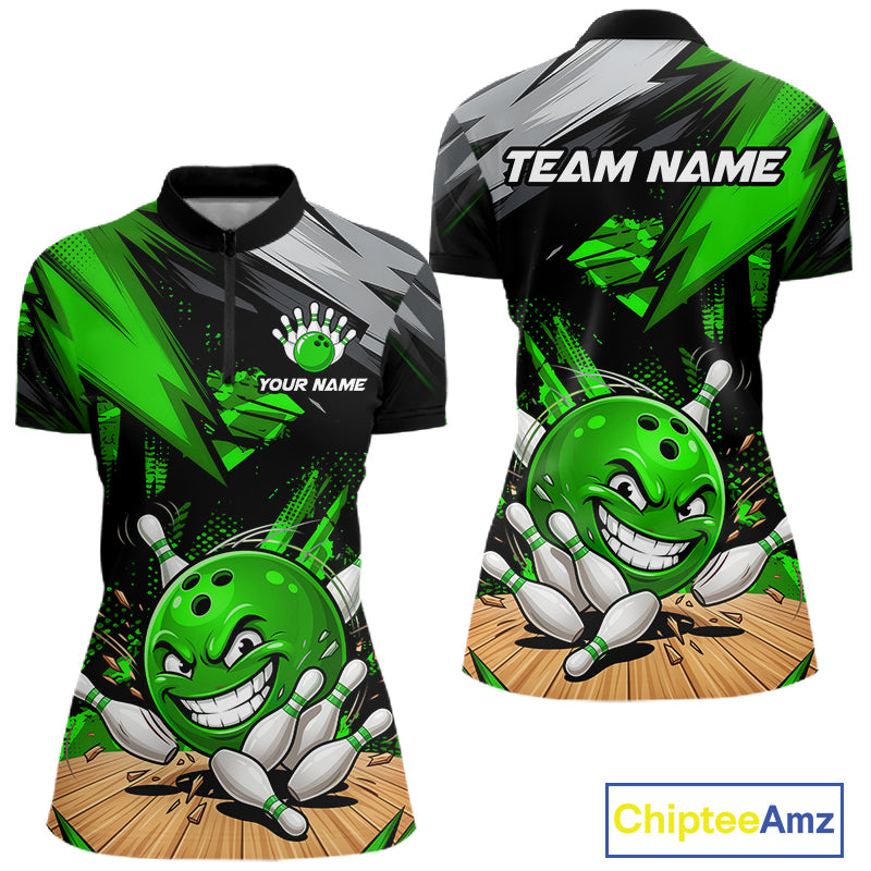Custom Funny Bowling Ball  Bowling Women Polo & 1/4 Quarter Zip Shirt, Green Bowling Team Shirt NBT931