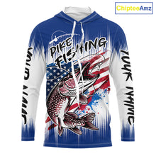 Load image into Gallery viewer, Personalized American Flag Northern Pike Long Sleeve Hooded Fishing Shirts, Patriotic Pike Fishing Jerseys|Blue NBT655