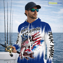 Load image into Gallery viewer, Personalized American Flag Northern Pike Long Sleeve Hooded Fishing Shirts, Patriotic Pike Fishing Jerseys|Blue NBT655