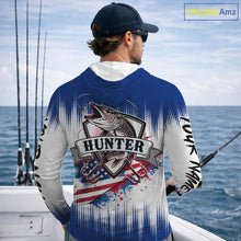 Load image into Gallery viewer, Personalized American Flag Northern Pike Long Sleeve Hooded Fishing Shirts, Patriotic Pike Fishing Jerseys|Blue NBT655