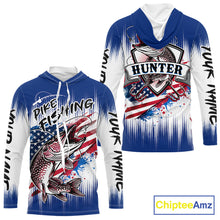Load image into Gallery viewer, Personalized American Flag Northern Pike Long Sleeve Hooded Fishing Shirts, Patriotic Pike Fishing Jerseys|Blue NBT655