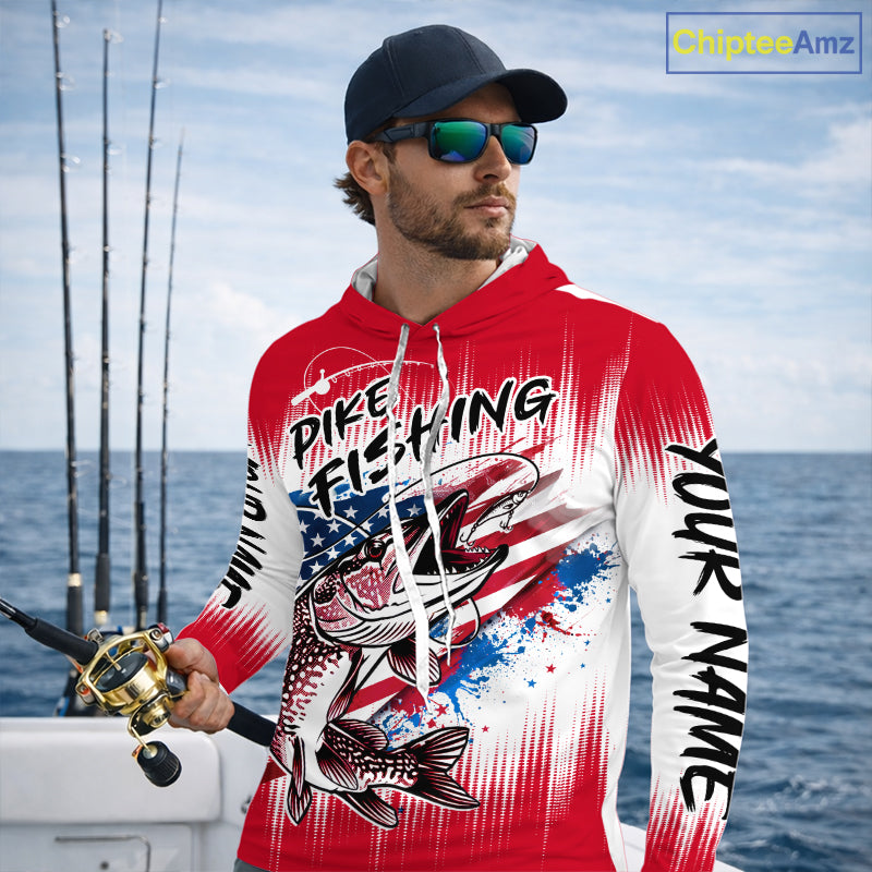 Personalized American Flag Northern Pike Long Sleeve Hooded Fishing Shirts, Patriotic Pike Fishing Jerseys|Red NBT656