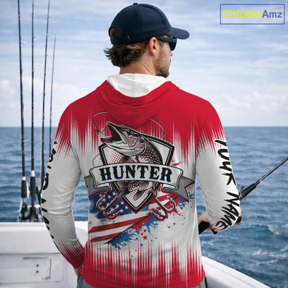 Personalized American Flag Northern Pike Long Sleeve Hooded Fishing Shirts, Patriotic Pike Fishing Jerseys|Red NBT656