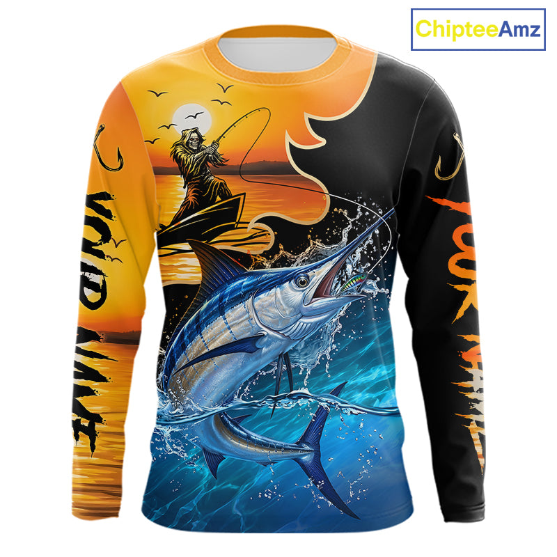 Long sleeve fishing shirt with a fish reaper and marlin design on a sunset background