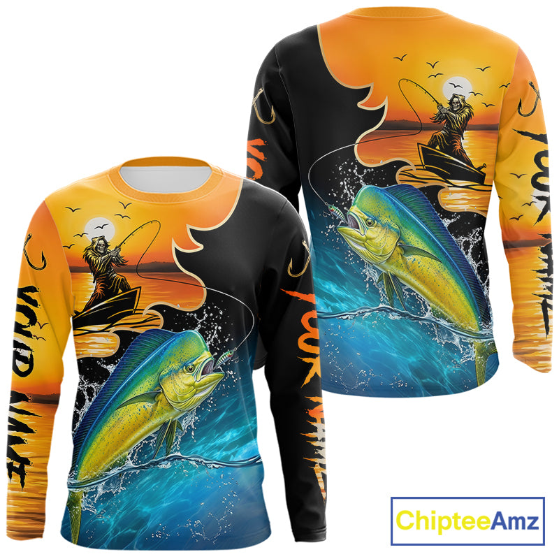 Saltwater long sleeve fishing shirt with fish reaper design 